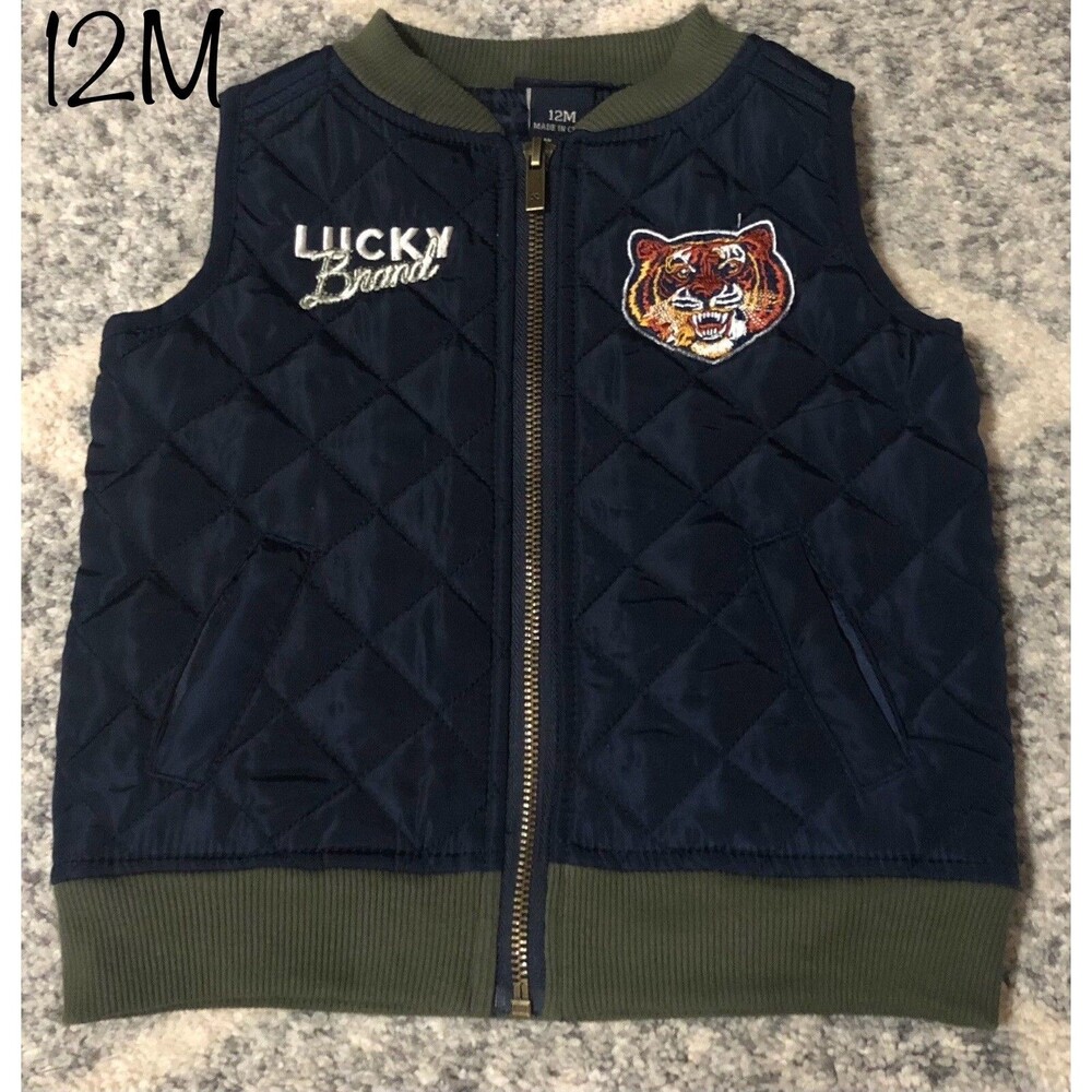 Lucky Brand Baby Boy Quilted Tiger Patch Vest Navy/Olive Size 12M